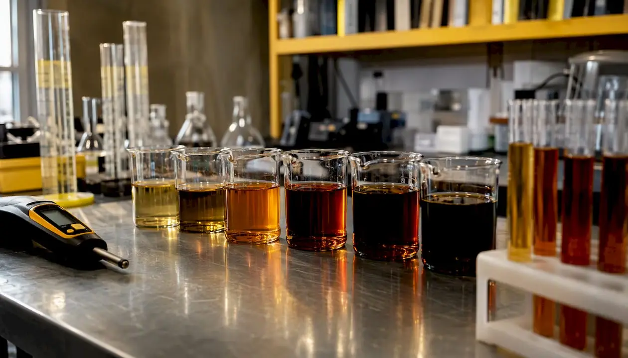 Lab beakers with different motor oil samples