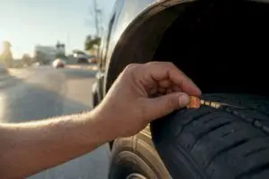 Hand measuring tire tread depth with penny