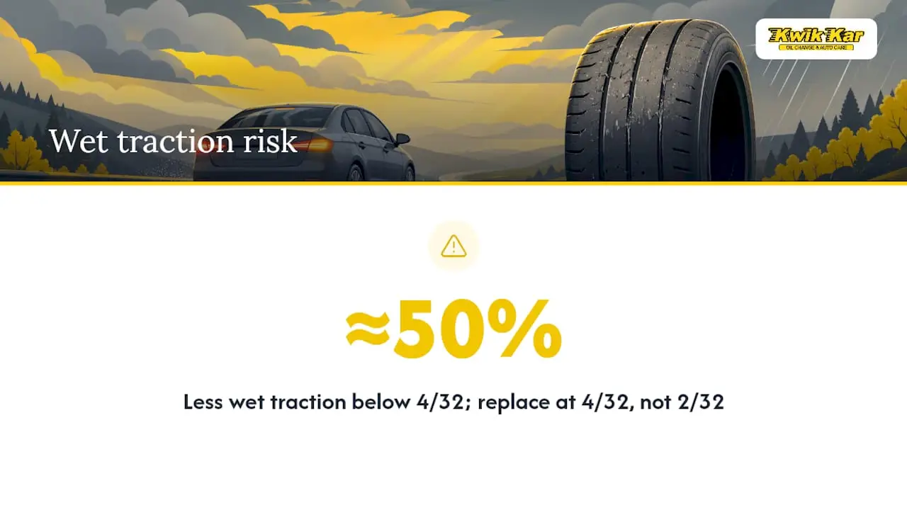 Diagram of tread depth impact on wet traction and stopping