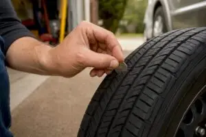 Hand measuring tire tread depth with a quarter