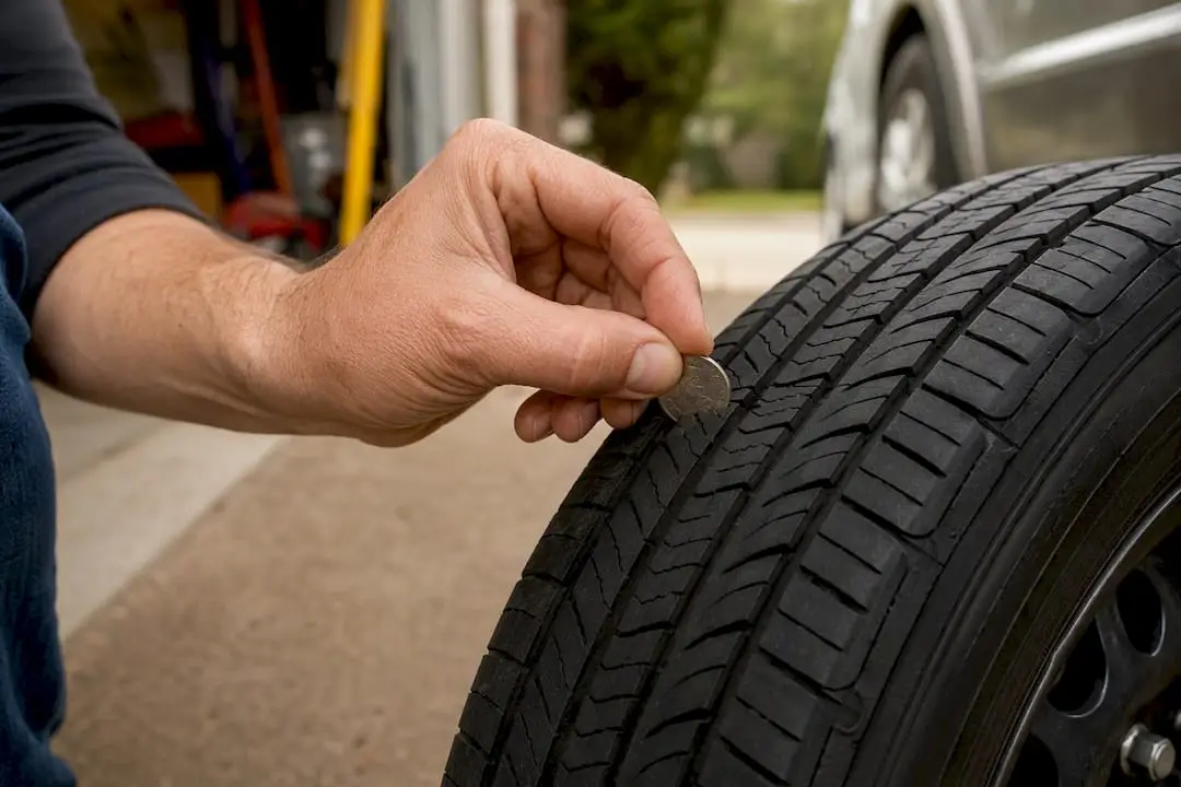 Hand measuring tire tread depth with a quarter