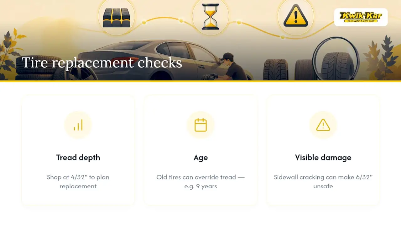 Diagram comparing tread depth, age, and damage for tire safety