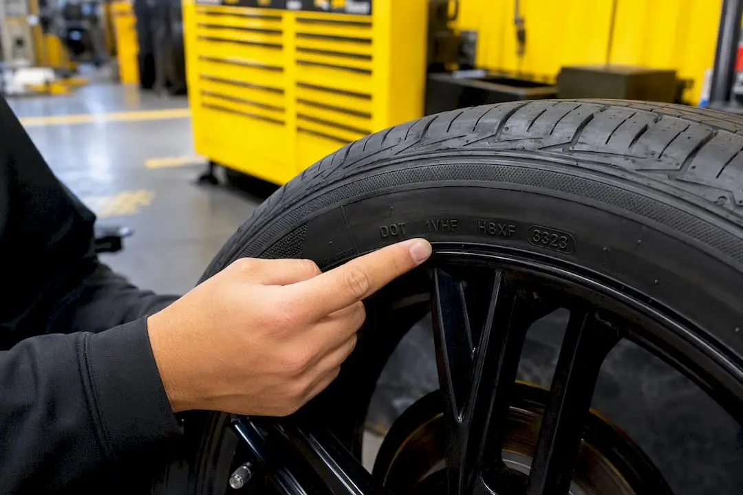 Hand pointing to tire DOT date code on sidewall
