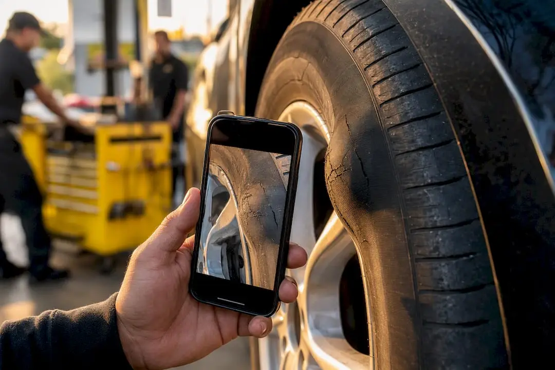 Smartphone camera capturing tire bulge and cracks