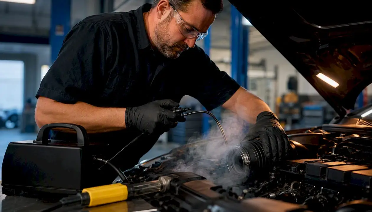 Technician smoke-testing an engine intake hose
