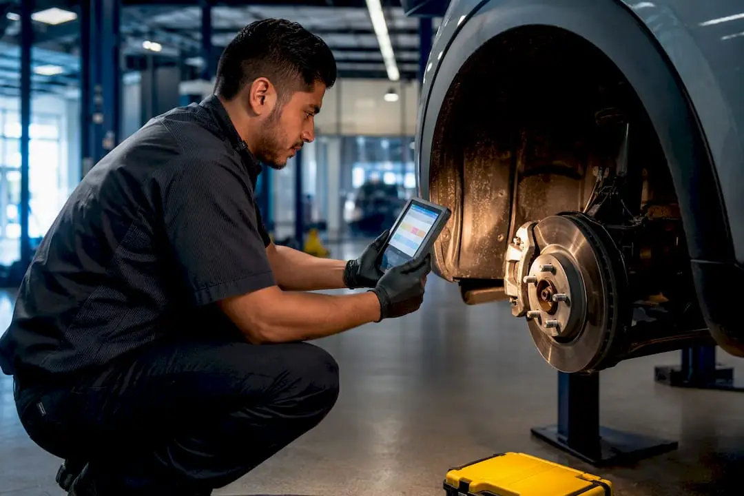Technician documenting vehicle inspection with tablet