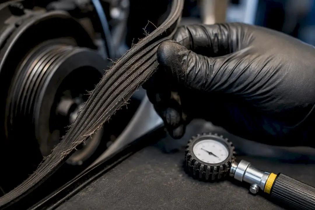 Technician inspecting a frayed serpentine belt