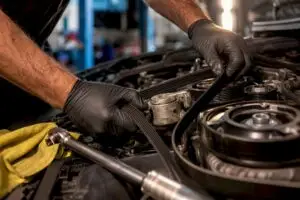 Technician replacing serpentine belt in engine bay