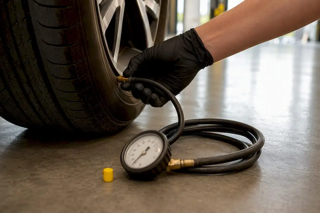 Technician checking tire pressure at valve