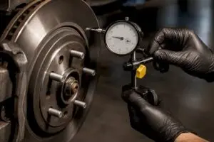Technician measuring brake rotor runout