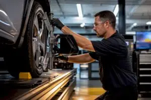 Technician checking wheel alignment on rack