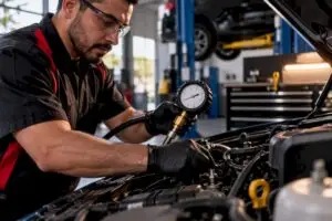 Technician checking engine oil pressure gauge