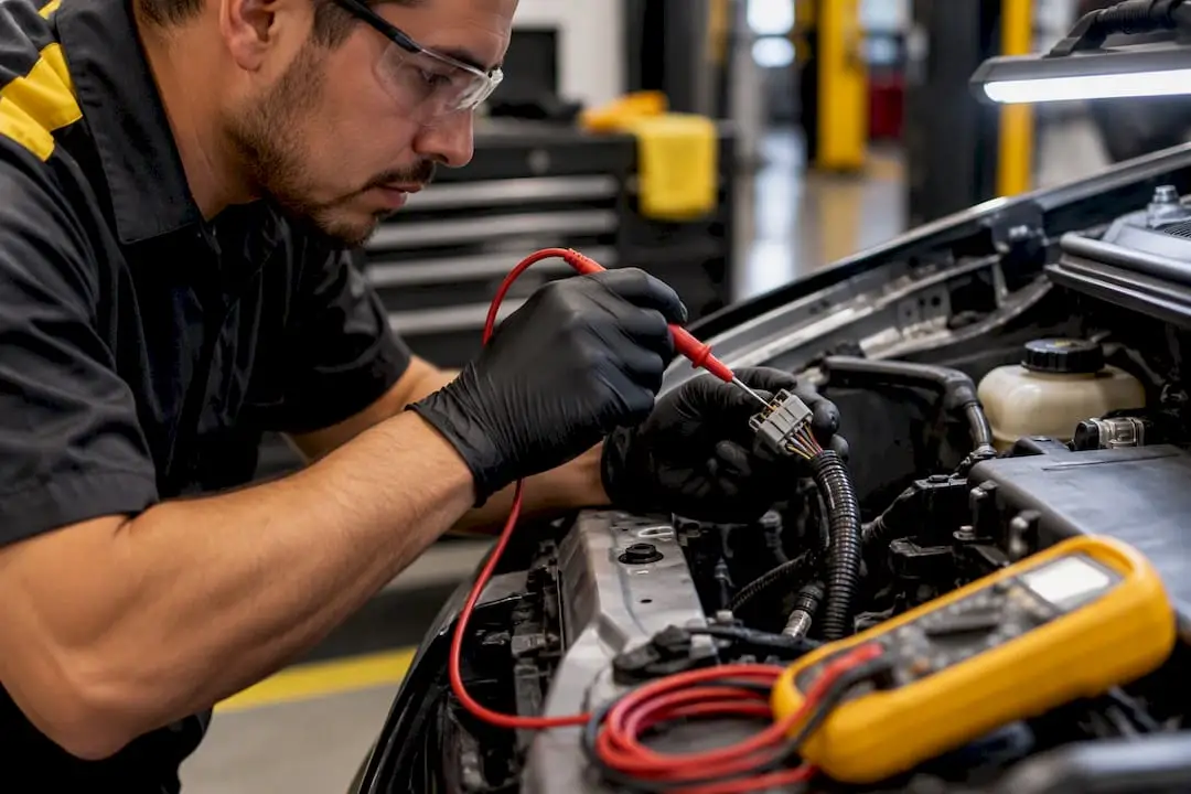 Technician inspecting engine wiring connection