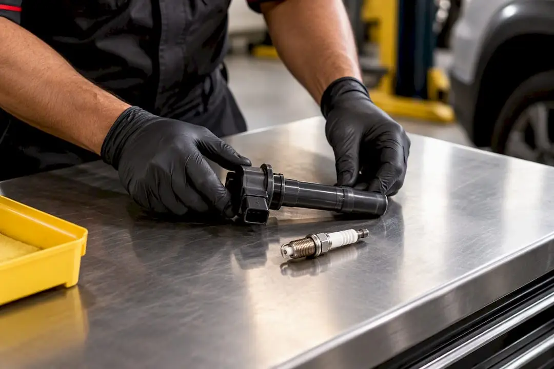 Ignition coil and spark plug on workbench
