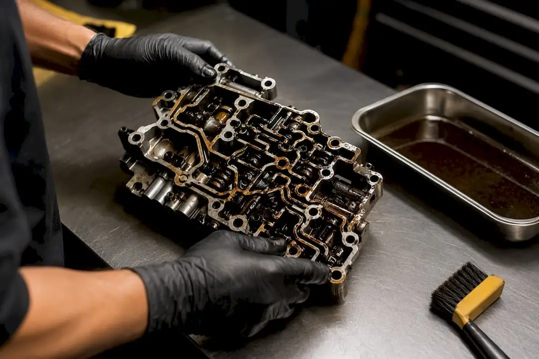 Technician inspecting sludge in valve body passages