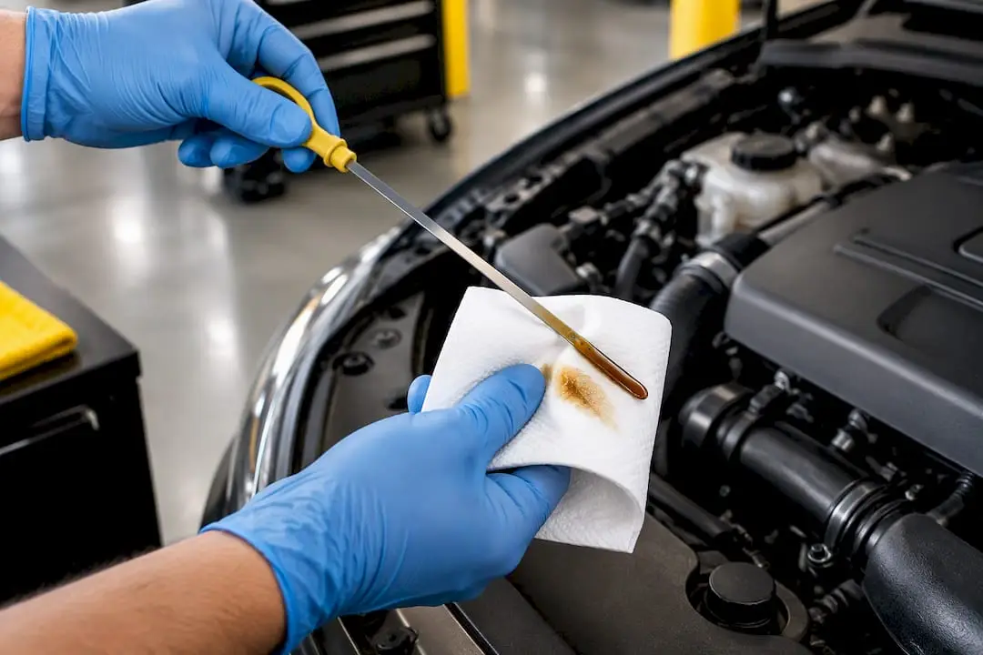 Gloved hands checking oil on dipstick
