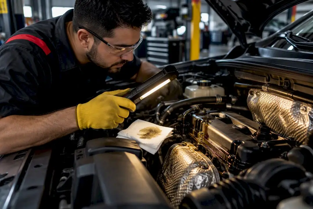 Technician inspecting oil residue in engine bay