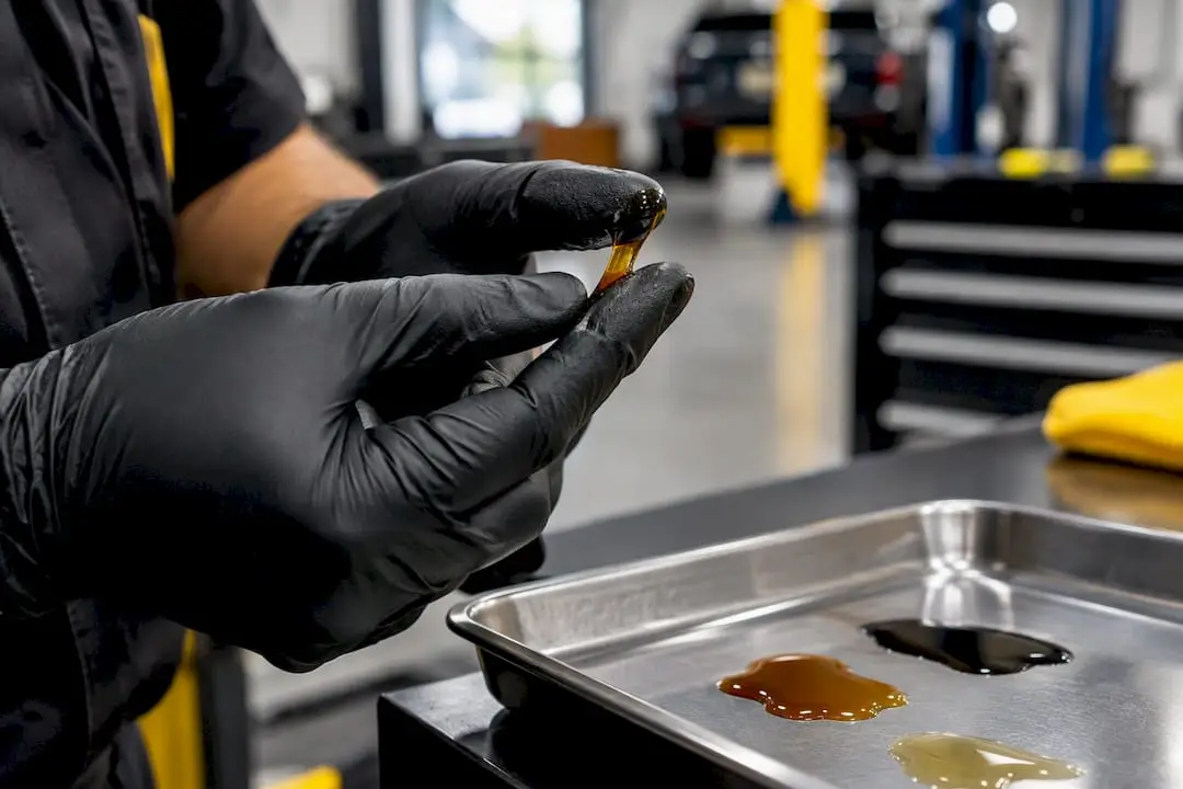 Technician checking engine oil sample texture