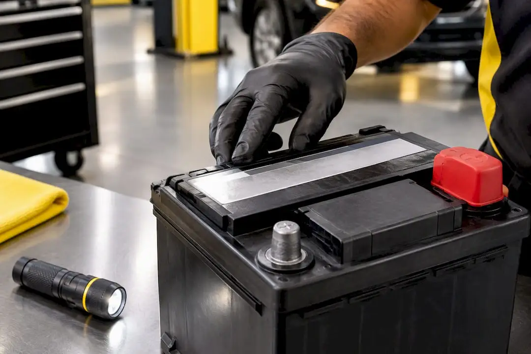 Technician inspecting an automotive battery