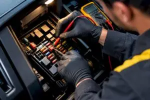 Technician testing voltage across automotive fuse