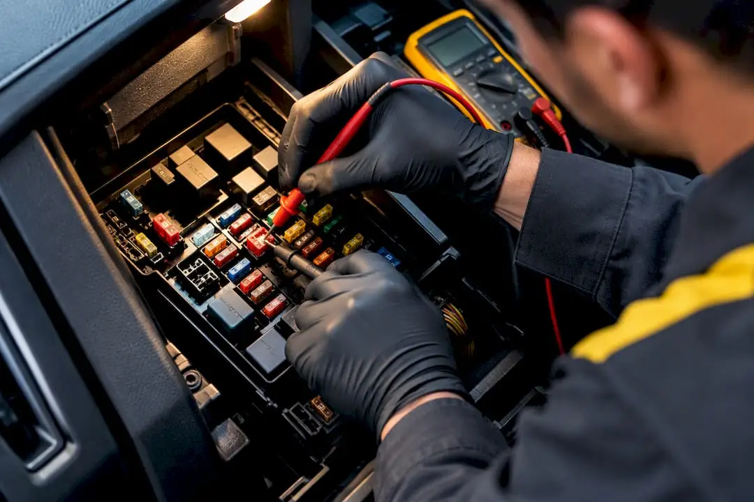 Technician testing voltage across automotive fuse