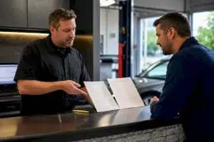 Technician comparing spark plug repair estimates