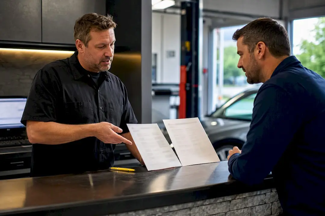 Technician comparing spark plug repair estimates