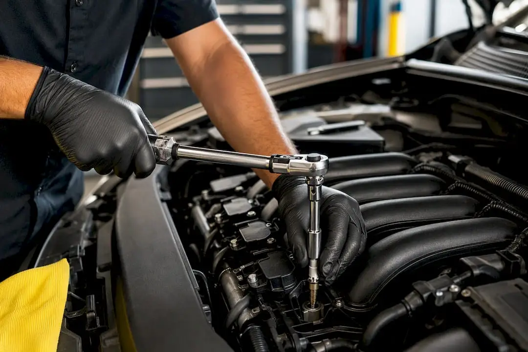 Technician correctly torquing spark plug