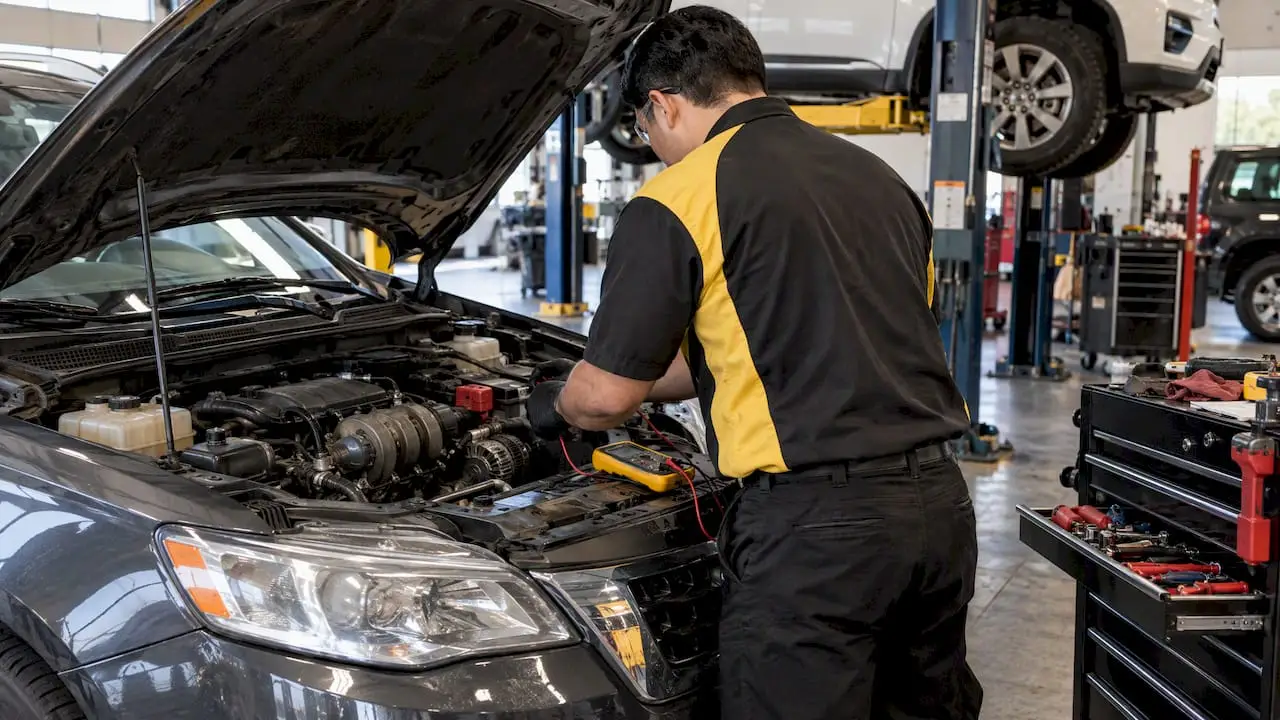 Technician testing vehicle alternator charging output