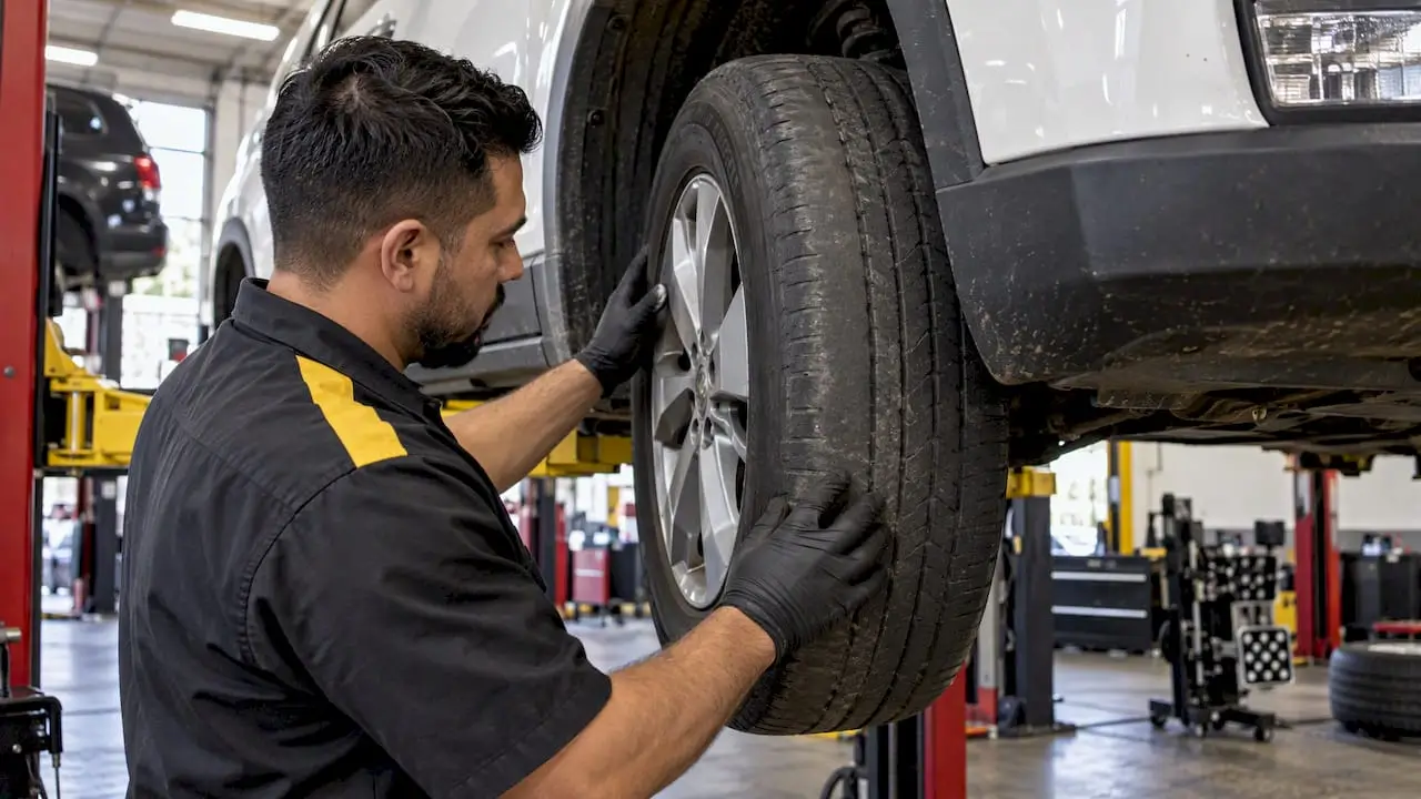 Technician inspecting uneven tire tread
