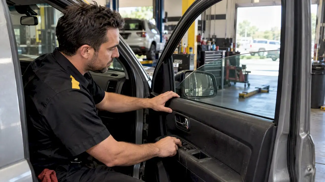 Technician diagnosing a stuck power window