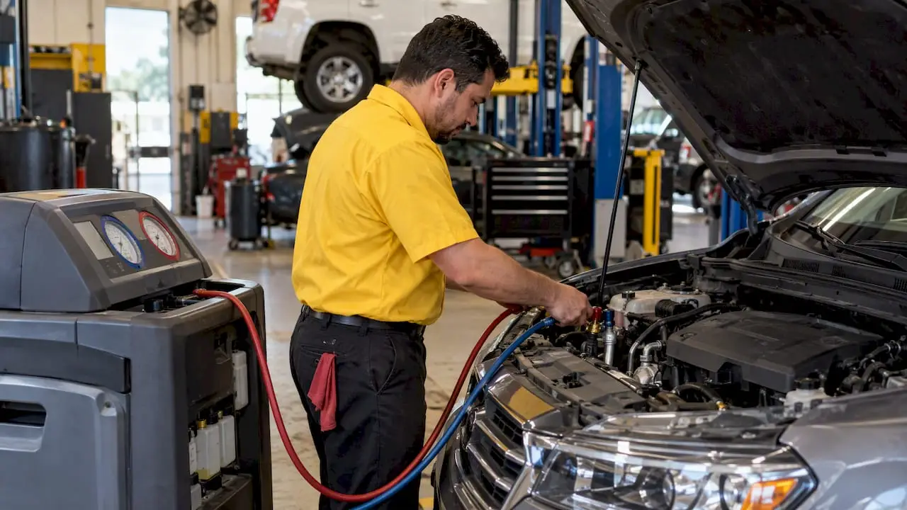 Technician connecting an automotive refrigerant service machine