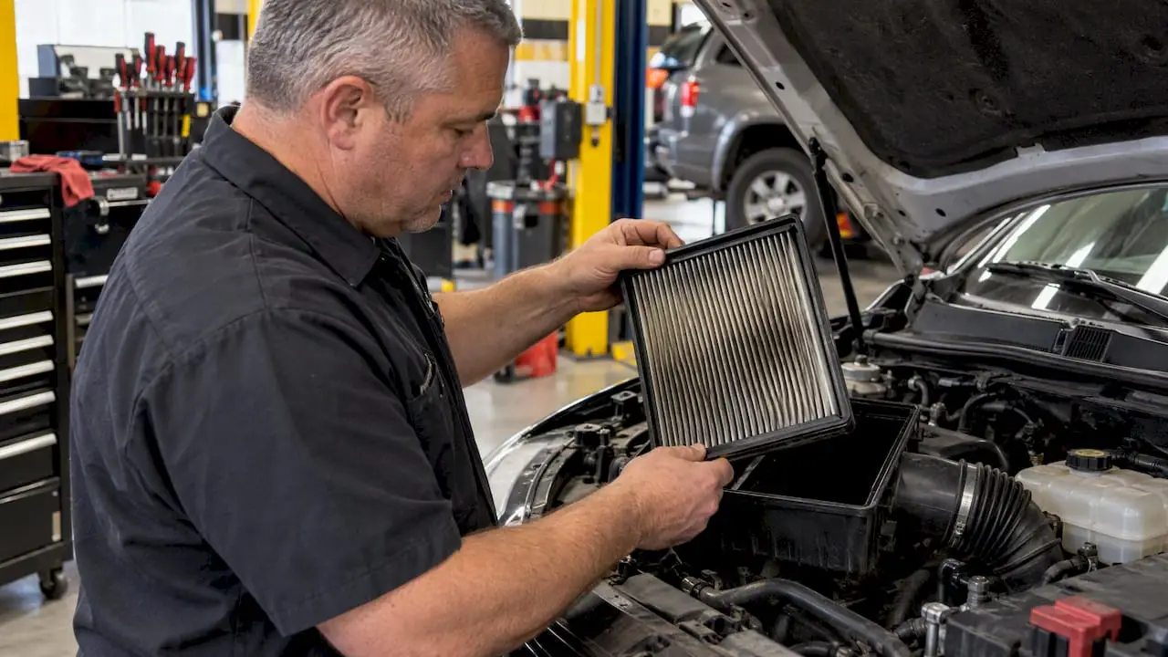 Technician inspecting an oiled engine air filter