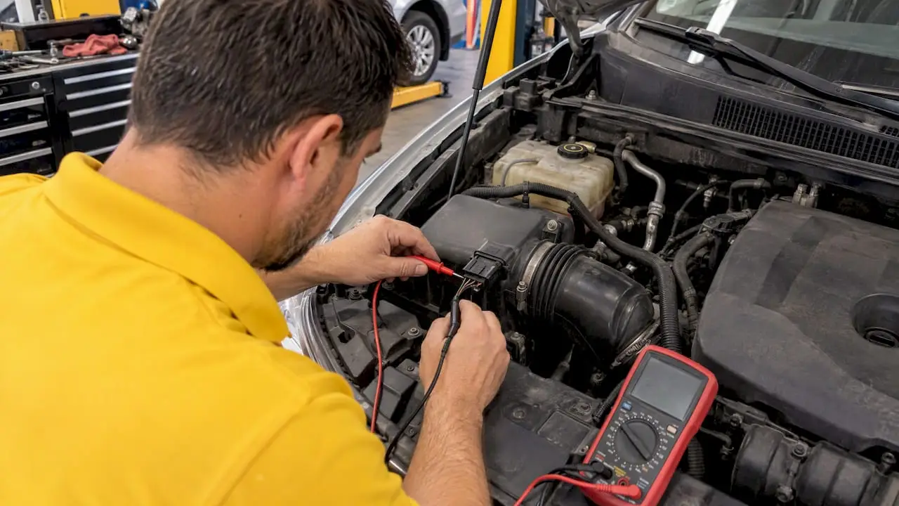 Technician testing a MAF sensor connector