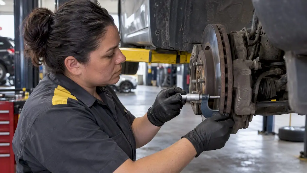 Technician measuring exposed brake rotor thickness