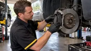 Technician fitting brake pads on exposed rotor