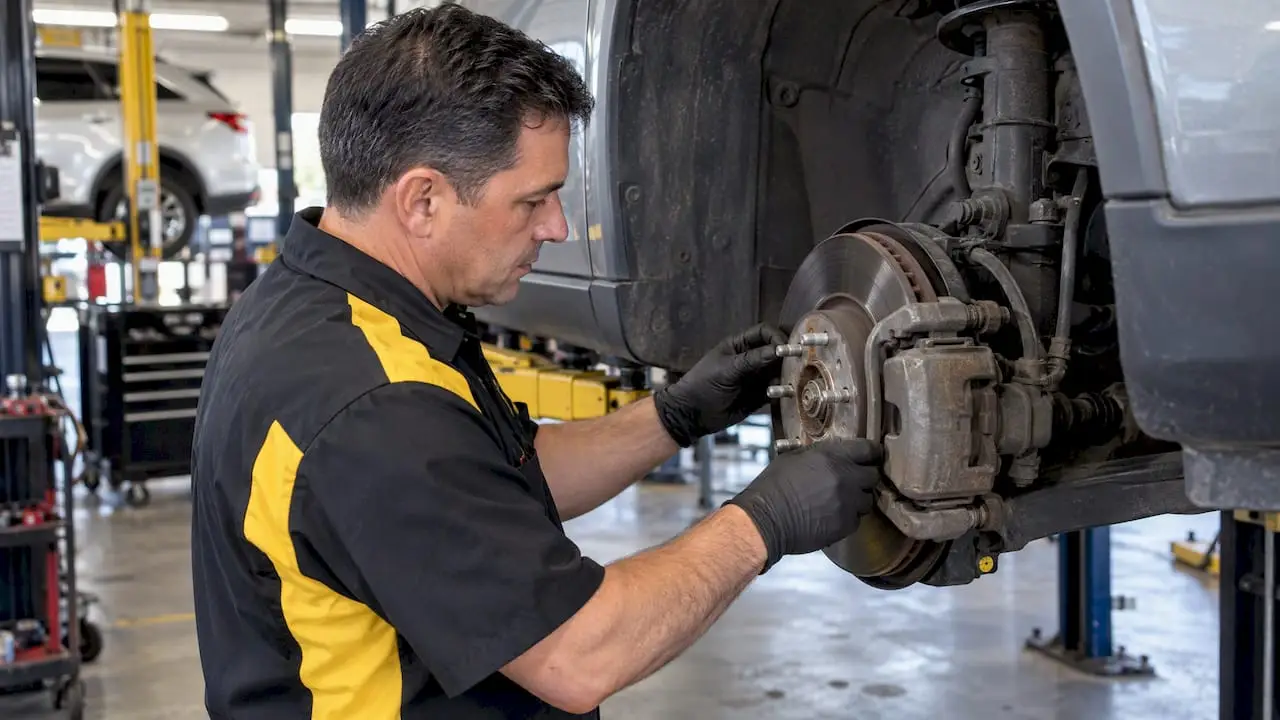 Technician inspecting a sticking brake caliper