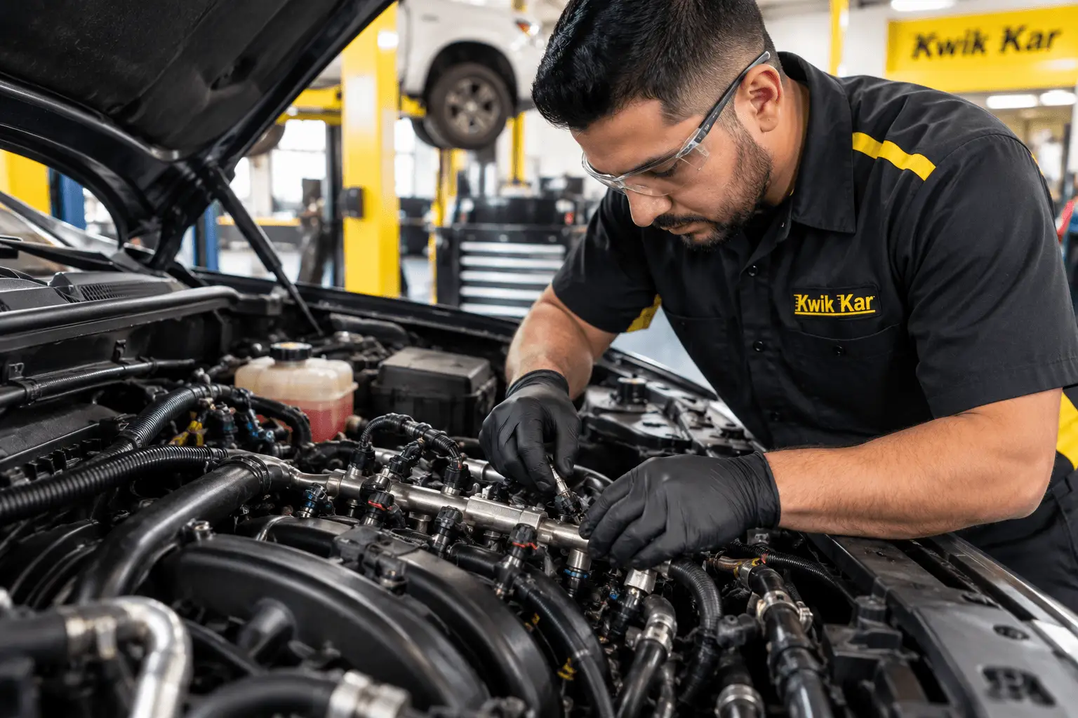 Automotive technician inspecting fuel injectors and fuel system components during vehicle service in Richardson, TX.