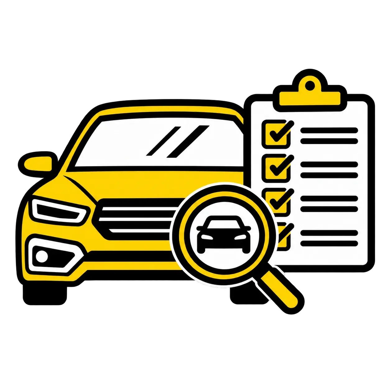 Car with inspection checklist and magnifying glass representing pre-purchase used vehicle inspections in Richardson, TX.