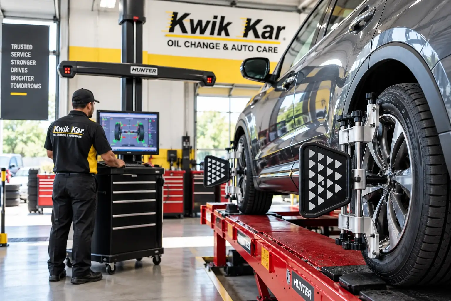 Technician performing wheel alignment service in Richardson, TX